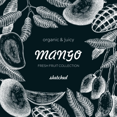 Tropical fruit frame on chalkboard. Ripe mango sketch. Hand drawn vector illustration. Packaging, menu template, juice design. Exotic plants background. NOT AI generated.